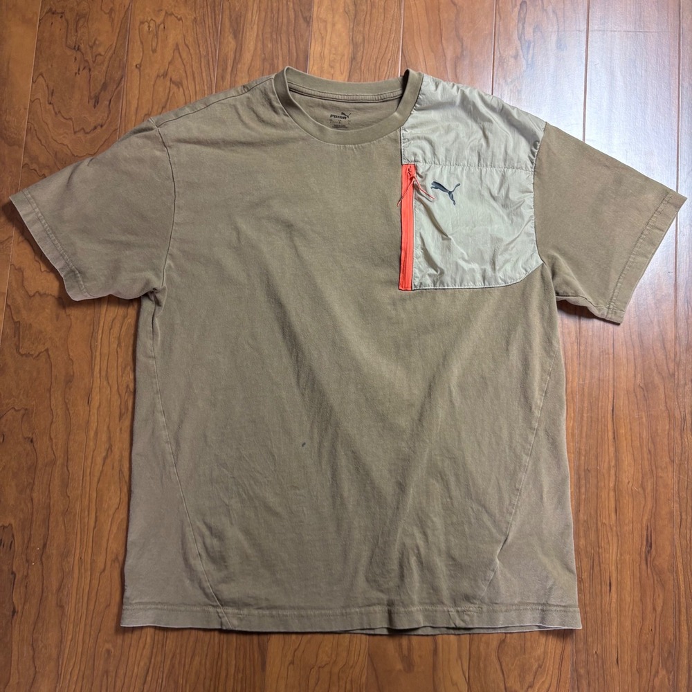 Puma Mens Large Olive Brown Utility Pocket T-Shirt Gorpcore Short Sleeve Tee